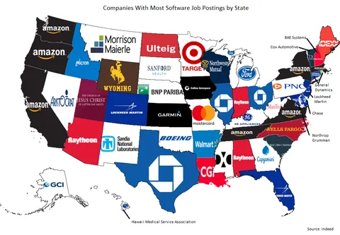 [OC] Companies With the Most Software Job Postings in Each U.S State
