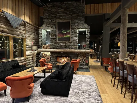 Cozy lobby of a North Pole residence for Aurora hunting