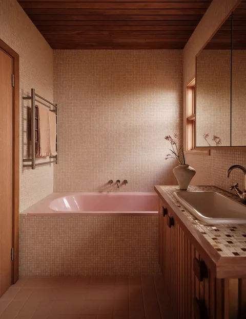 Bathroom that retained the original pink bathtub in a renovated 1960s residence, Newport, northern Sydney, New South Wales, Australia [4000x5200]