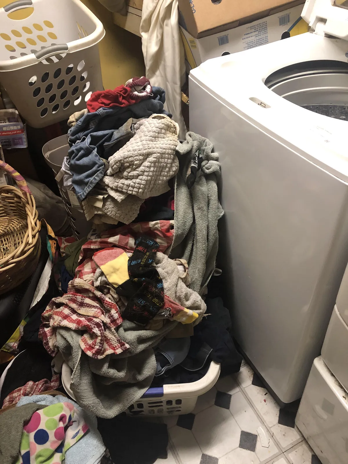 Gone for two weeks. My husband piled his clothes by the washer instead of doing his own laundry 😡