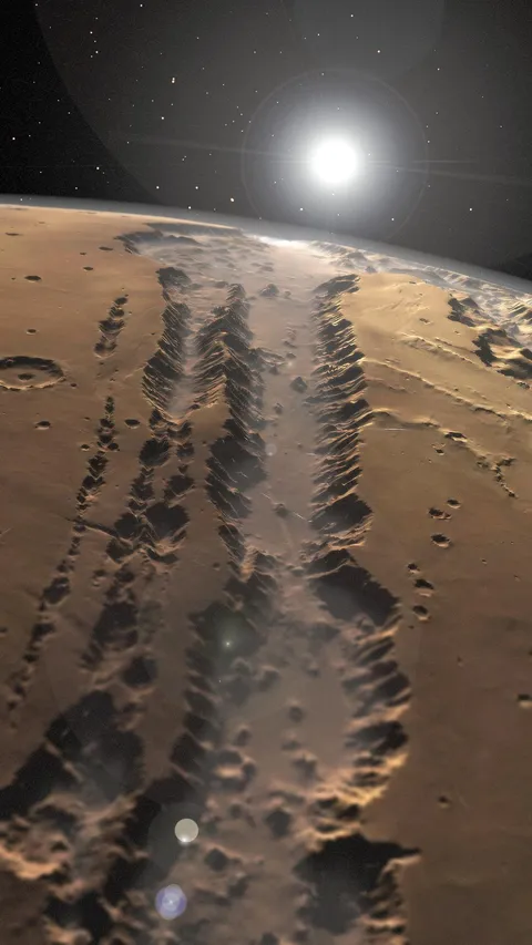 An awe-inspiring view of Valles Marineris on Mars, meticulously modeled using Viking global composite imagery, reveals the vastness and intricate details of one of the most colossal canyon systems in our solar system.