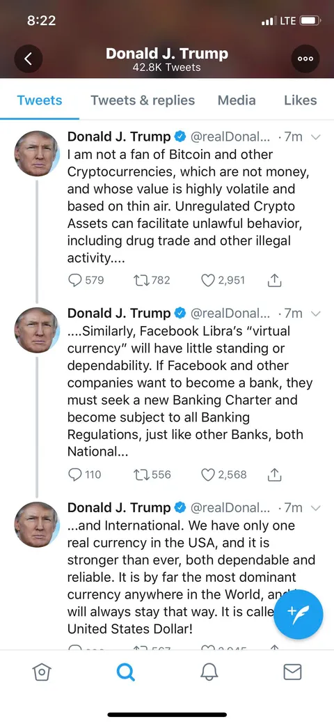 Trump: “I am not a fan of Bitcoin and other Cryptocurrencies, which are not money, and whose value is highly volatile and based on thin air.”