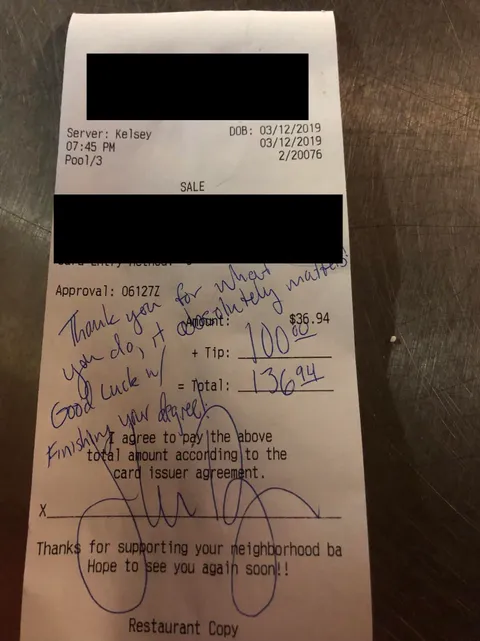 I work at bar in the evenings, and I’m also fluent in sign language. Tonight a deaf man sat alone in my section, so I chatted with him in sign. The table next to him noticed and asked me how long I’ve been signing, etc. then I found this on their table. I will be paying this forward ❤️