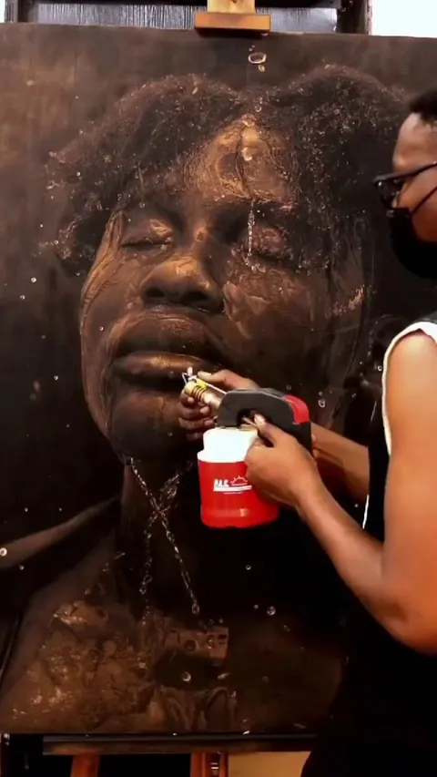 The artist employs a unique technique known as pyrography, where fire is used as a medium to create intricate and expressive paintings.