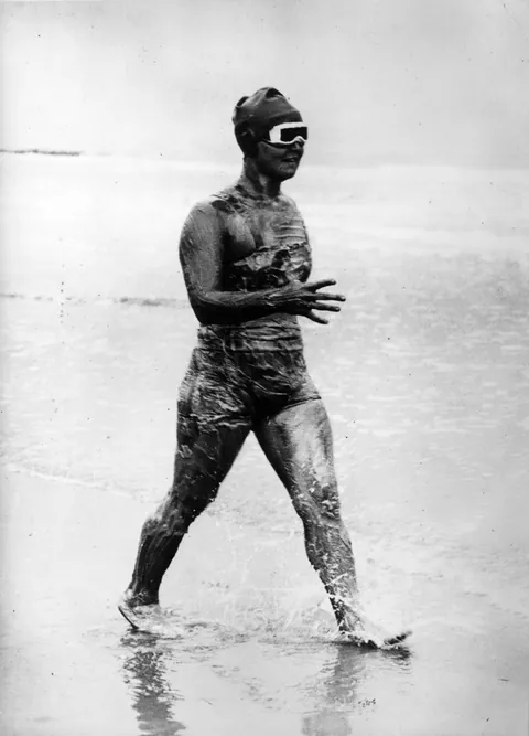 Gertrude Ederle when she crossed the english channel, 26 of August of 1926. Done in 14hr and 31 min, beating the male record of 16hr and 33 min.