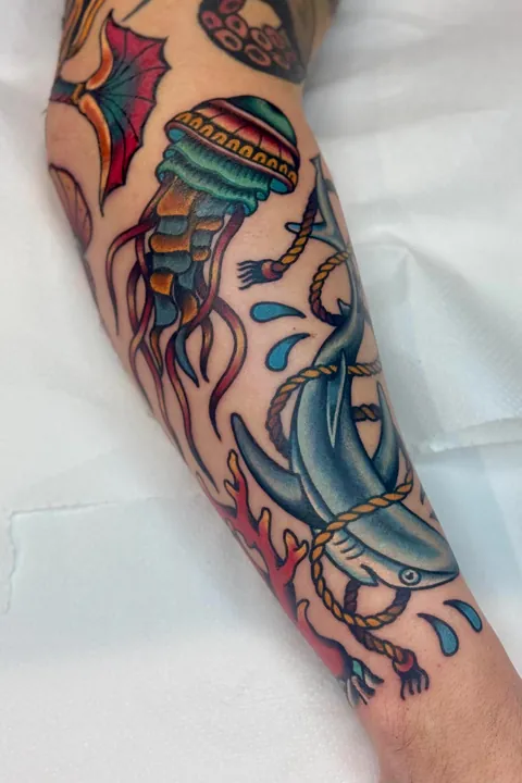 Nautical sleeve by Theo Koronidis at Lazy Bones Tattoo Studio, Thessaloniki, Greece