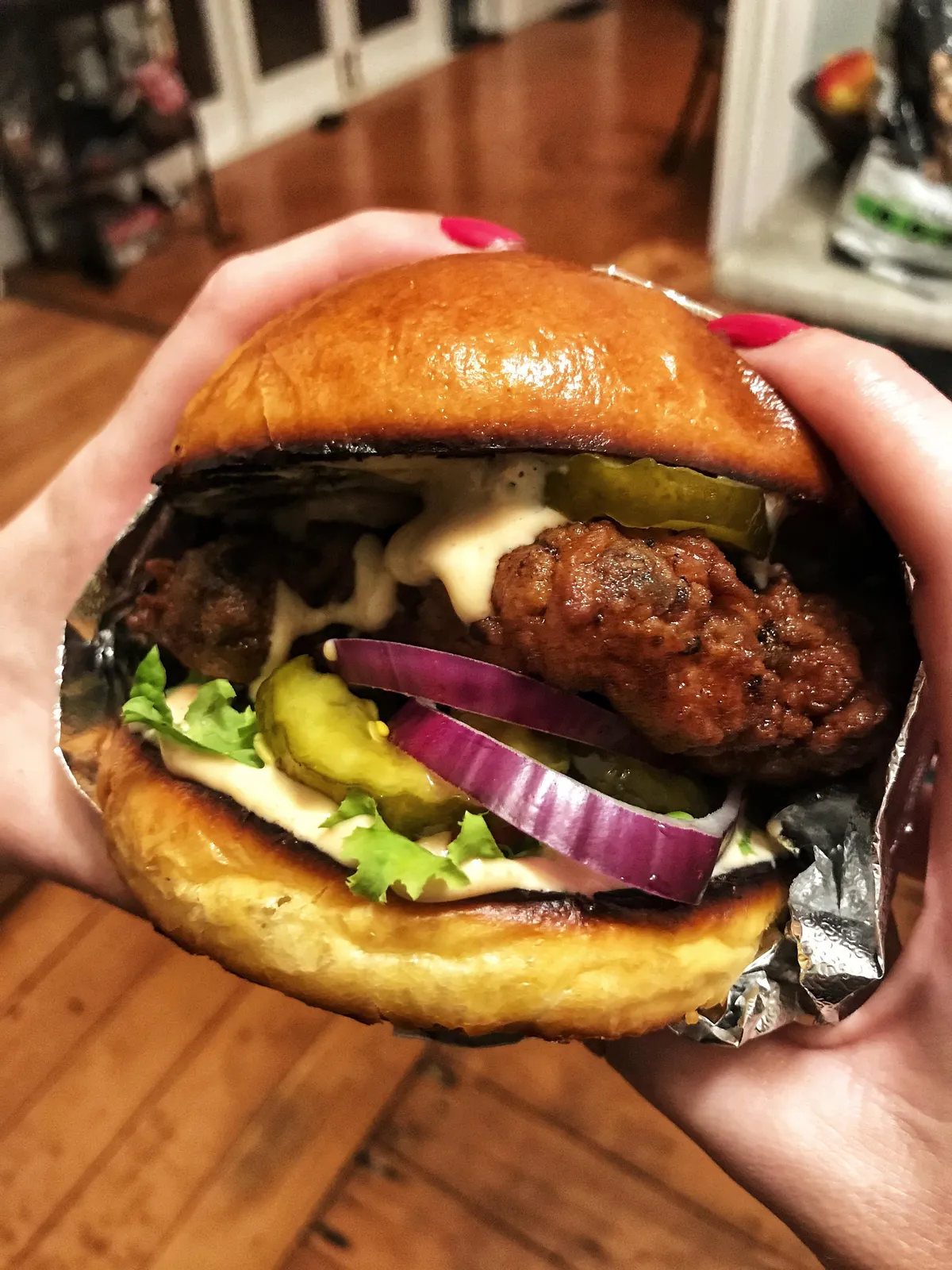 [homemade] hot chicken sandwich w special spicy sauce on a homemade milk bun