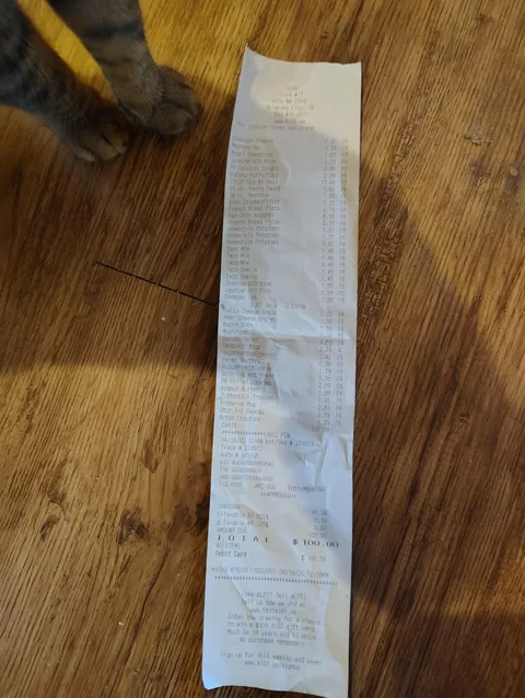 Went to Aldi's, a grocery store, and at check out, my total was $100 even.