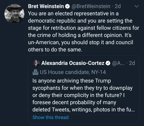 Brett Weinstein responds to AOC's list: It's un-American, you should stop it and council others to do the same.
