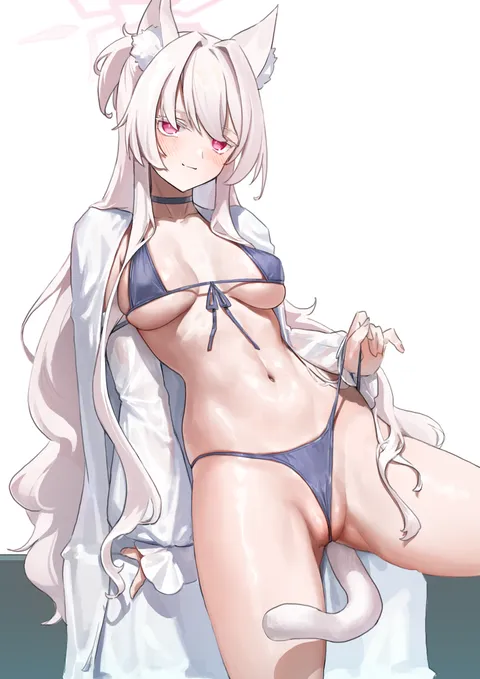 Akira about to take off her swimsuit