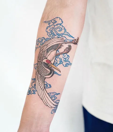 Crane tattoo done by Horihichi while visiting Aura Ninety Four, London