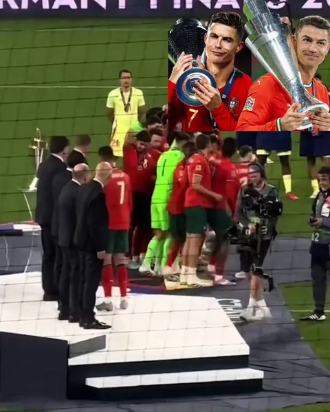 Diogo Jota &amp; Ruben Neves telling Ronaldo to recreate his 2019 trophy celebration after winning the Nations League