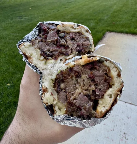 [homemade] smoked brisket cheesesteak on garlic naan