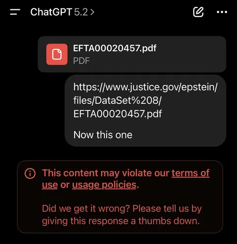 ChatGPT Refuses to analyze Epstein files document?