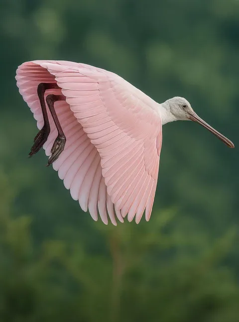 Photographer captures a shot of a Roseate Spoonbill in flight