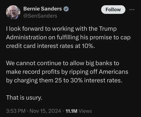 Bernie Sanders giving credit: Trump's campaign promise to cap credit card interest at 10% would be helpful for many Americans.