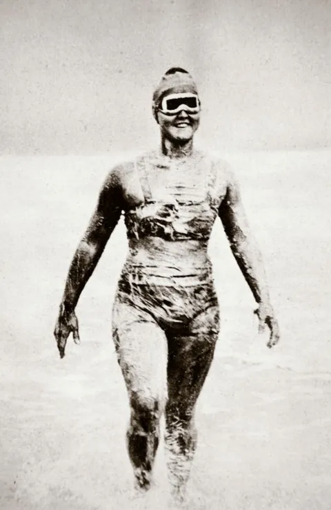 Gertrude Ederle when she crossed the english channel, 26 of August of 1926. Done in 14hr and 31 min, beating the male record of 16hr and 33 min.