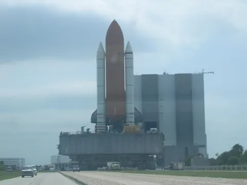 Snapped while driving down Saturn Causeway, behind a Shuttle Rollout on MLP #1.  Early 2000's.