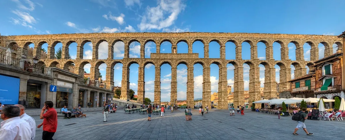 Built in the year 112 by the Romans without any kind of mortar or cement, this is the 15 km long still working aqueduct of Segovia, Spain.