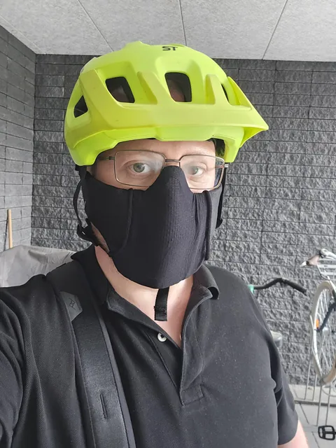 Bugs and stuff flying up your nose while cycling? Airsoft metal mesh face shield + short cut from a pantyhose leg = super breathable, non-heat-trapping bug shield. More comfortable than face masks of covid fame or sports masks because pantyhose is way less dense/thick than typical fabric.