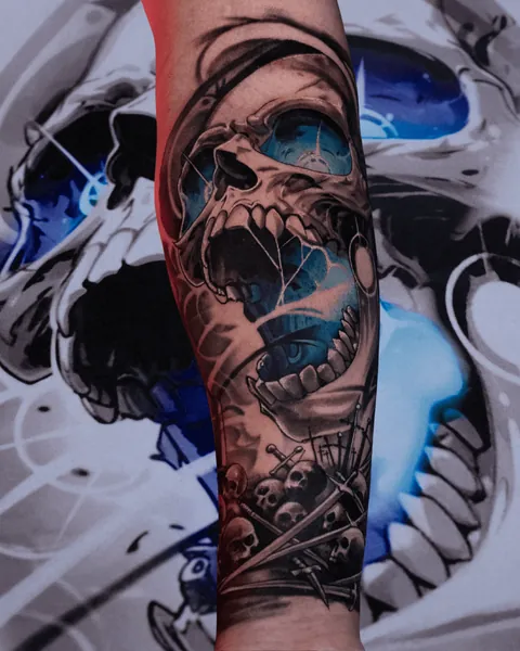 Skull tattoo in black and grey with blue accents | Done in Miami.