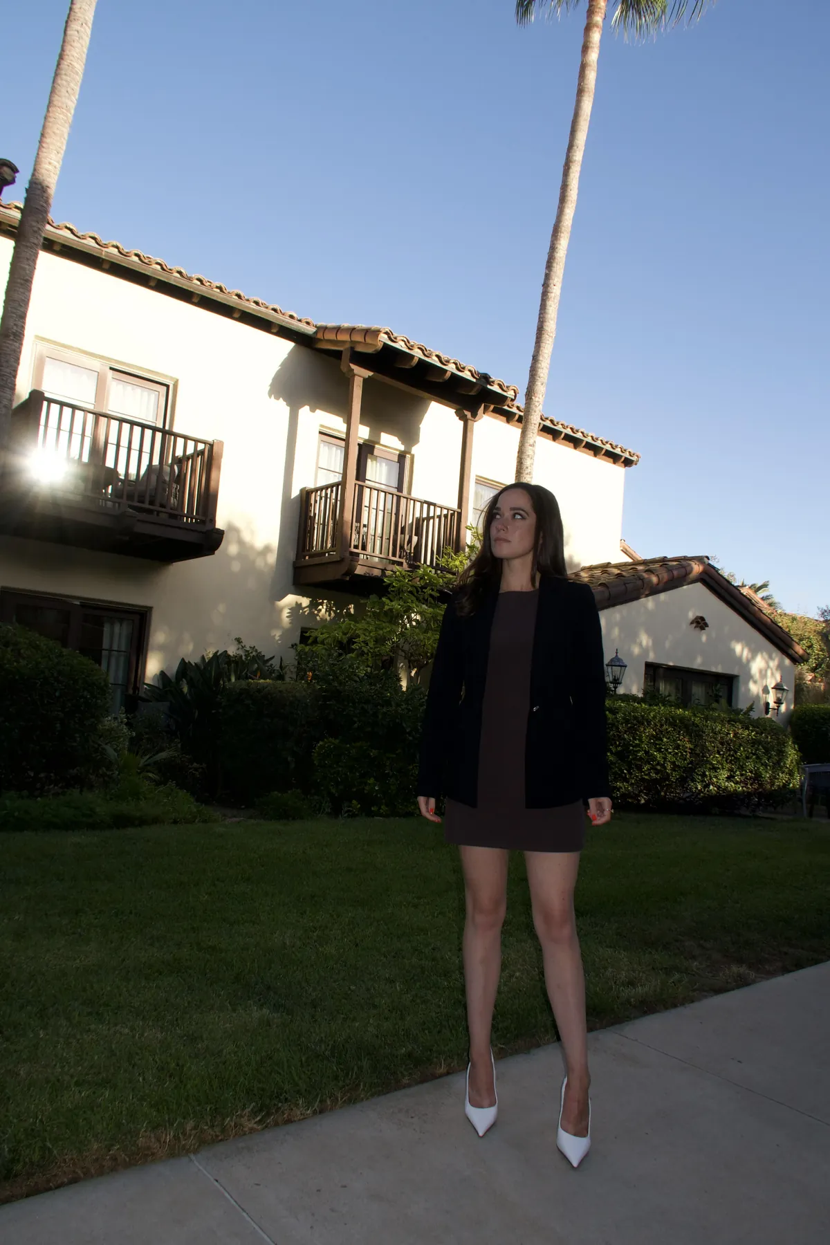 Short dress and high heels are today’s look.