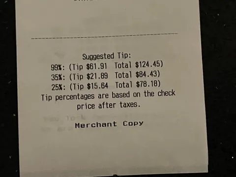 The “suggested tips” section on the receipt from the hipster bar we were just at.