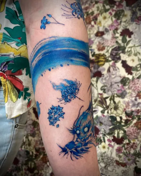 Blue abstract dragon &amp; flowers- my first tattoo by Haruka (Tokyo)
