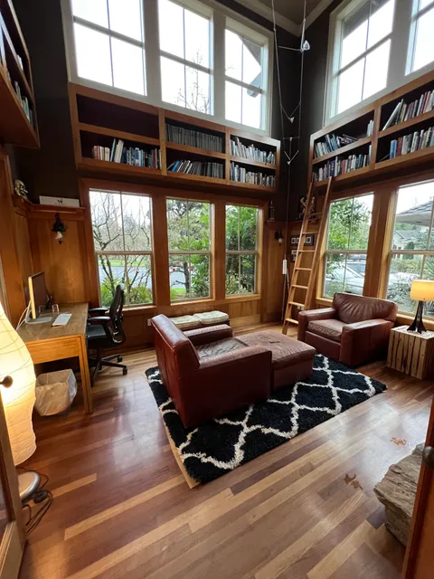 My cozy Library, fireplace to the right.