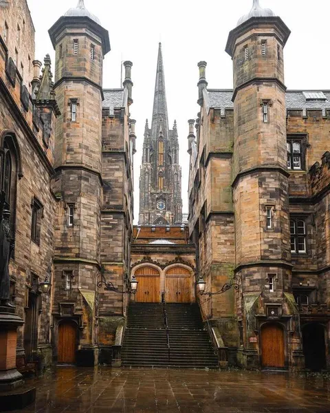 The neo-gothic architecture of New College, University of Edinburgh, Edinburgh, Scotland.