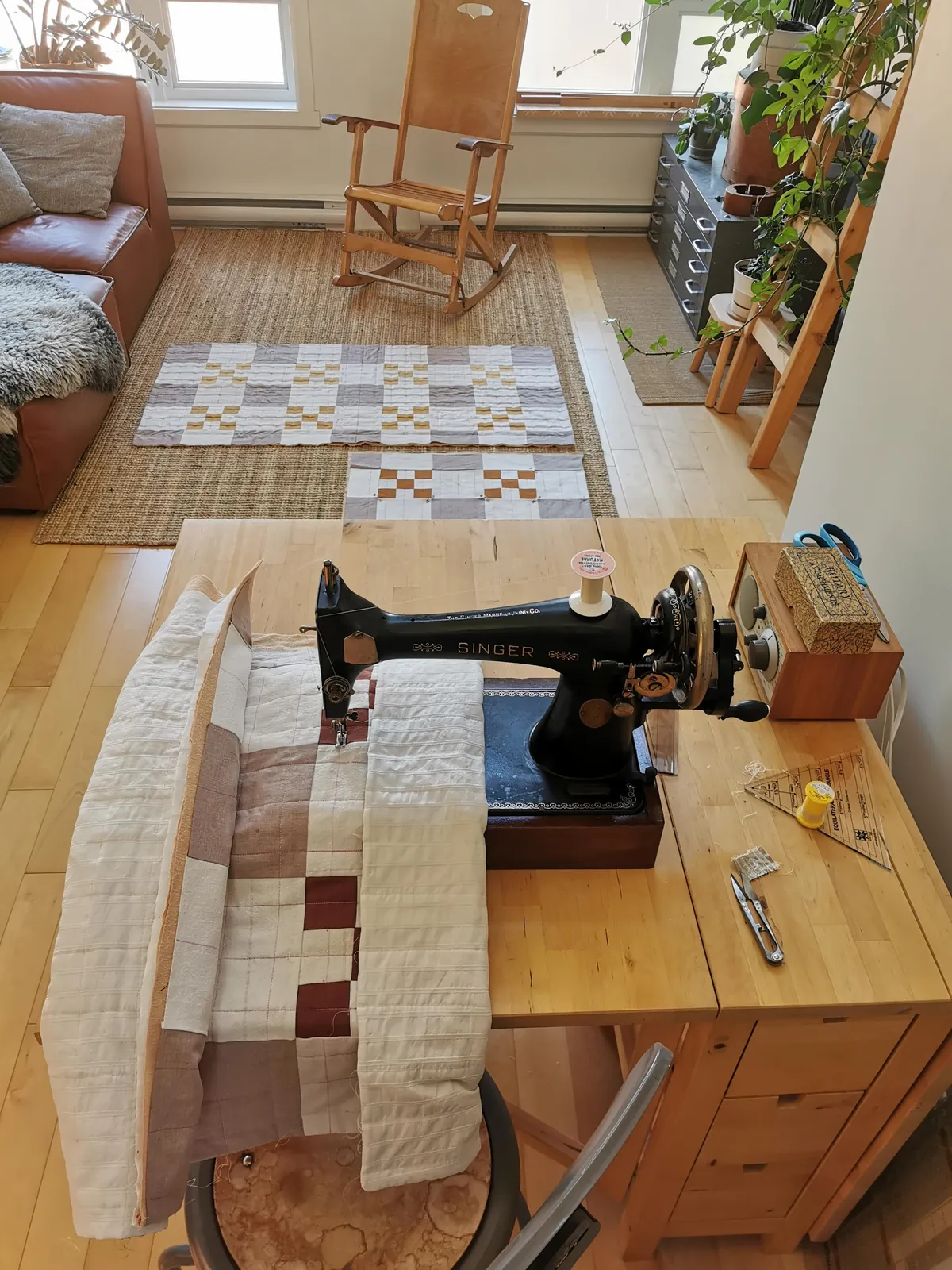 I taught myself to sew to make a cozy fall quilt for my bed. 90% thrifted fabric