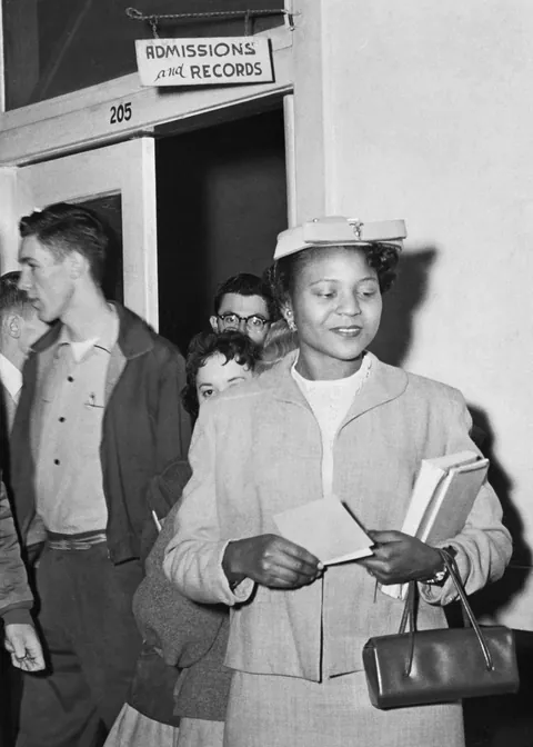 Thurgood Marshall leaving Federal Court after the court ruled Autherine Lucy to be admitted to the University of Alabama. Lucy was later expelled (by the university) for her own safety due to riots and outrage, Birmingham, 1956