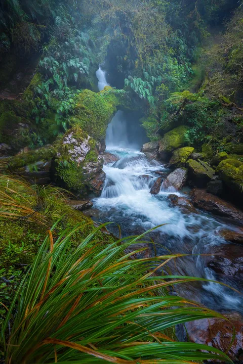 A natural bridge arching over this waterfall. South Island, New Zealand {OC} (1500x1000) 