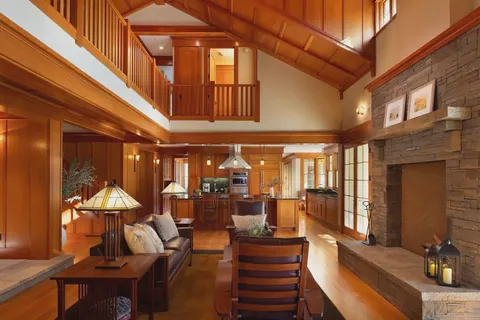 Late day light creates glowing woodwork in Craftsman‑style cabin. Santa Cruz Mountains, California [1440x961]