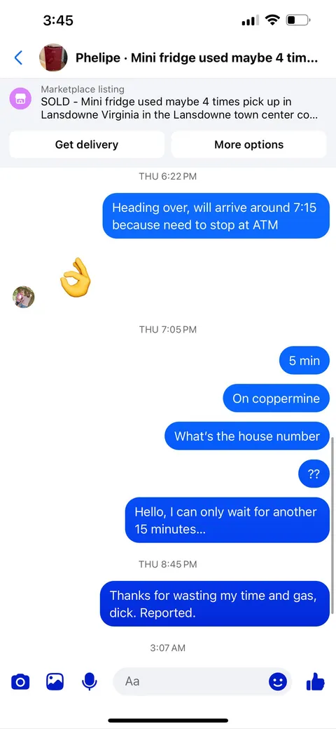 Guy makes me drive 1.5 hours total to pickup mini fridge for a gift, only to ghost us the second we arrive.