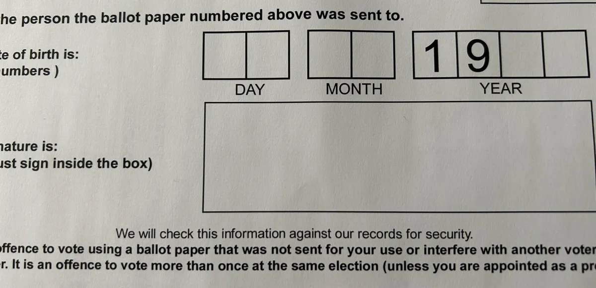 Legal voting age is 18, but you have to be born before 2000 to use this ballot paper.