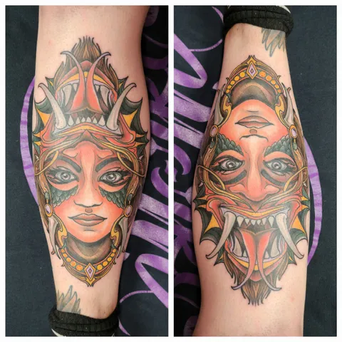 Neo-traditional flip-face tattoo done by Kenny at Marked Studios in Reno, NV.