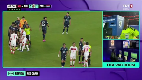 Miguel Almiron receives a red card after VAR Review for covering his mouth whilst saying something to an opponent. Under the new regulations, this is an offence punishable by a red card. The rule was introduced following the racism scandal involving Vinícius Júnior in a Champions League match.