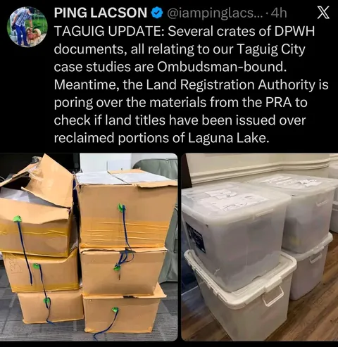 Senator Ping Lacson presents boxed documentary evidence uncovering alleged flood control and land reclamation in portion of Laguna Lake in Taguig