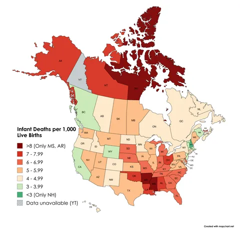 [OC] Infant Deaths per 1,000 Live Births by State and Province