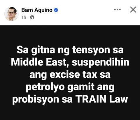 Sen. Bam Aquino calls for suspension of Excise Tax on Petroleum after recent events in Middle East