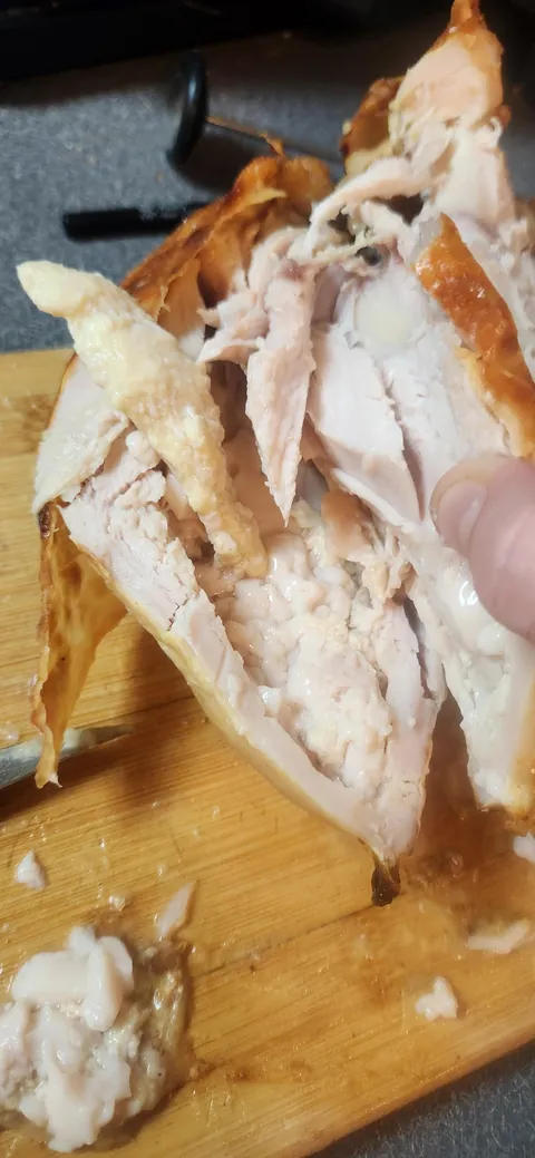 Dry brined a turkey breast, cooked until it reached 160 and let it rest to temp. Cut it open and found this. After we ate the other side.