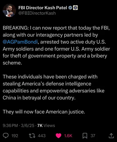 Kash Patel announces the arrest of multiple traitors