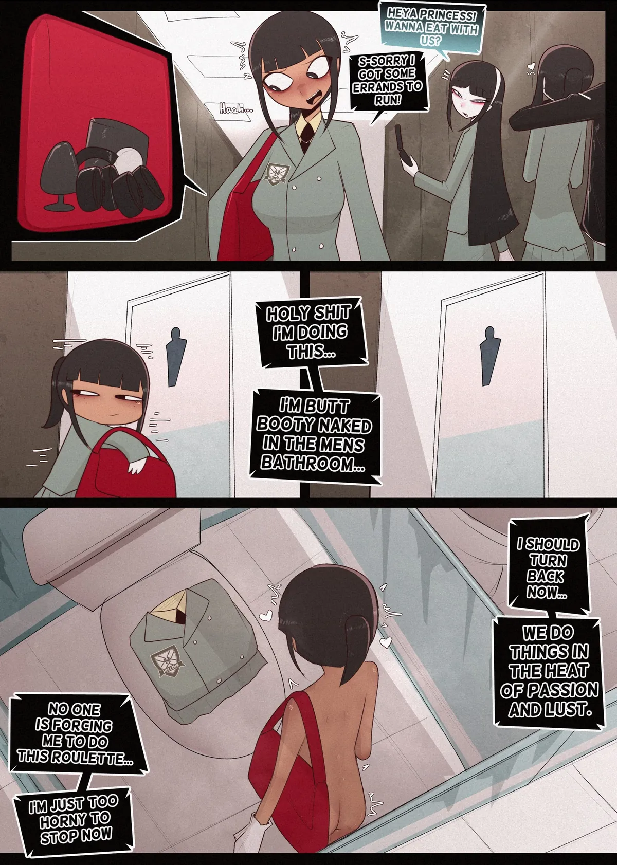 Self bondage roulette in the men's bathroom goes wrong (right?)