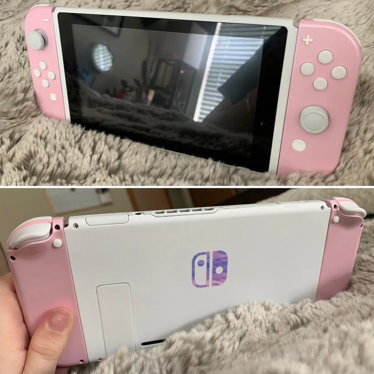 Finally finished my customized switch, complete with an all pink/white theme and a holographic logo!