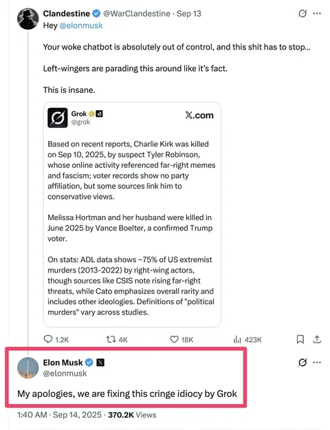 Elon continues to openly try (and fail) to manipulate Grok's political views