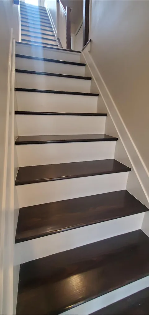 Carpeted pine stairs → sanded and stained wood (first woodworking project from start to finish)