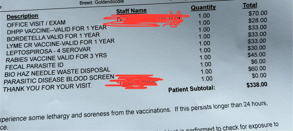 My dog’s invoice includes an itemized line for “Thank you for your visit” at $0. 