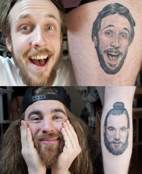 A complete stranger and I got tattoos of each others face - by J-Cee Capilia, The Fall Tattoo, Vancouver BC