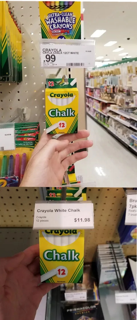 The price of 12 pieces of chalk at Target vs my college bookstore